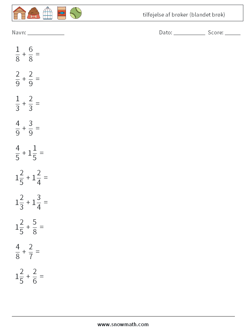 (10) tilføjelse af brøker (blandet brøk) Matematiske regneark 9