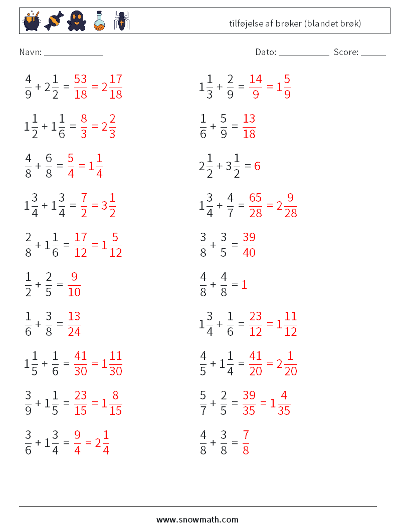 (20) tilføjelse af brøker (blandet brøk) Matematiske regneark 10 Spørgsmål, svar