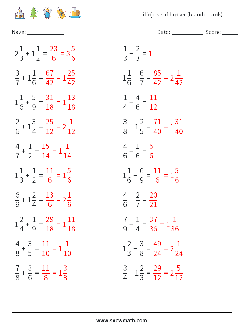(20) tilføjelse af brøker (blandet brøk) Matematiske regneark 13 Spørgsmål, svar