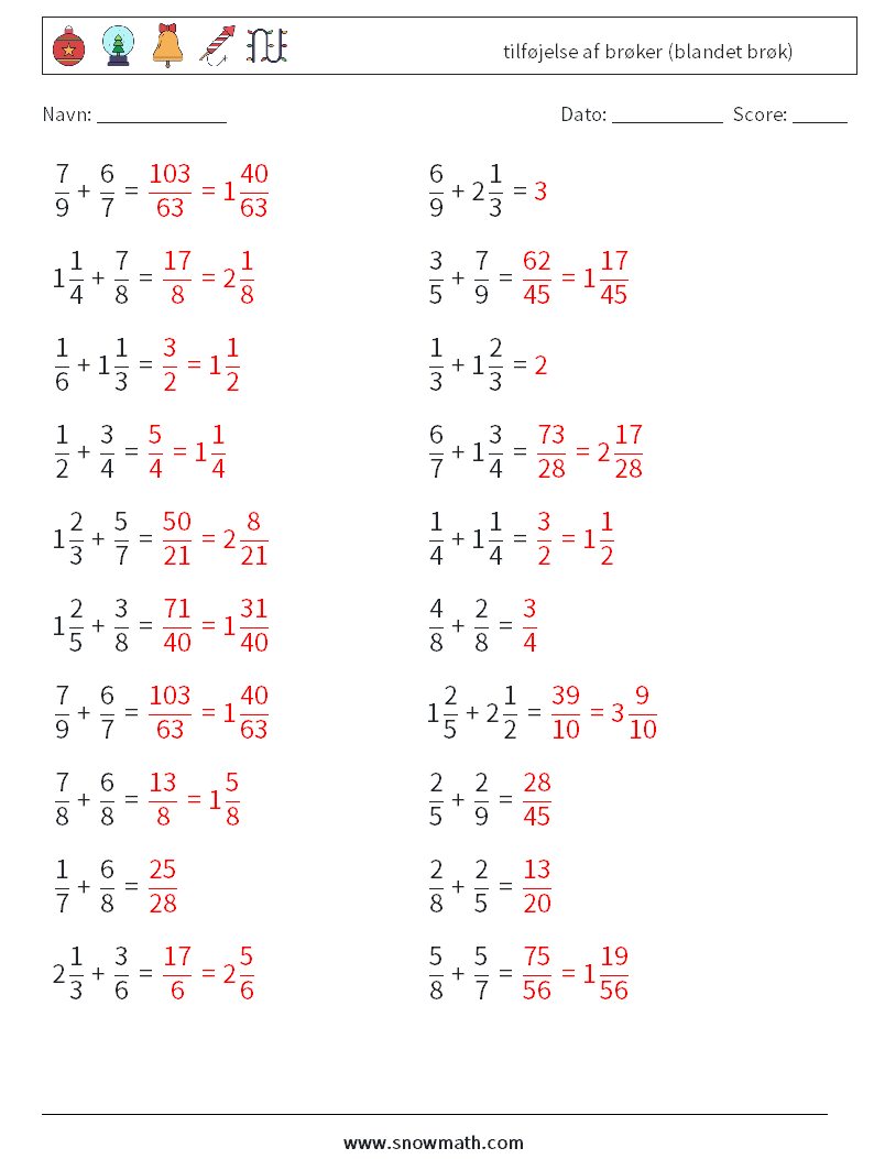 (20) tilføjelse af brøker (blandet brøk) Matematiske regneark 15 Spørgsmål, svar