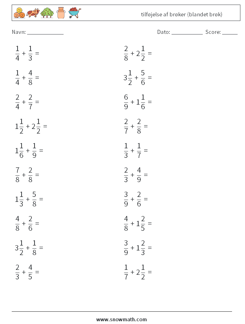 (20) tilføjelse af brøker (blandet brøk) Matematiske regneark 16