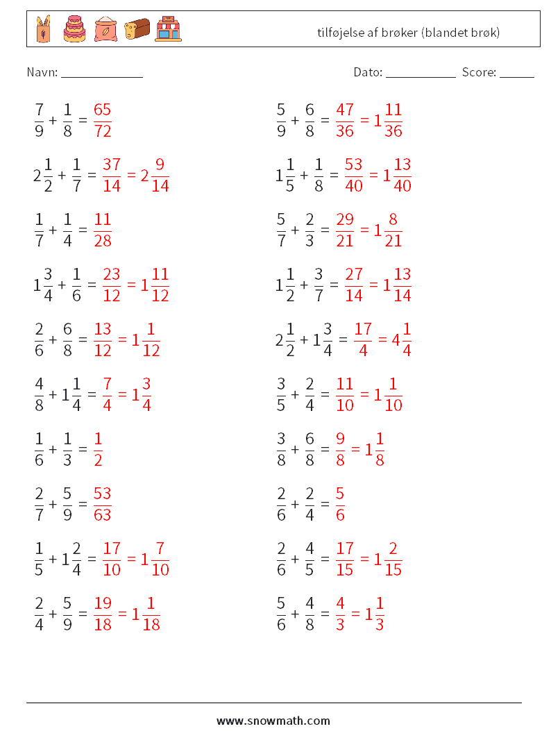 (20) tilføjelse af brøker (blandet brøk) Matematiske regneark 17 Spørgsmål, svar