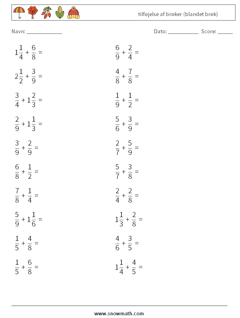(20) tilføjelse af brøker (blandet brøk) Matematiske regneark 18