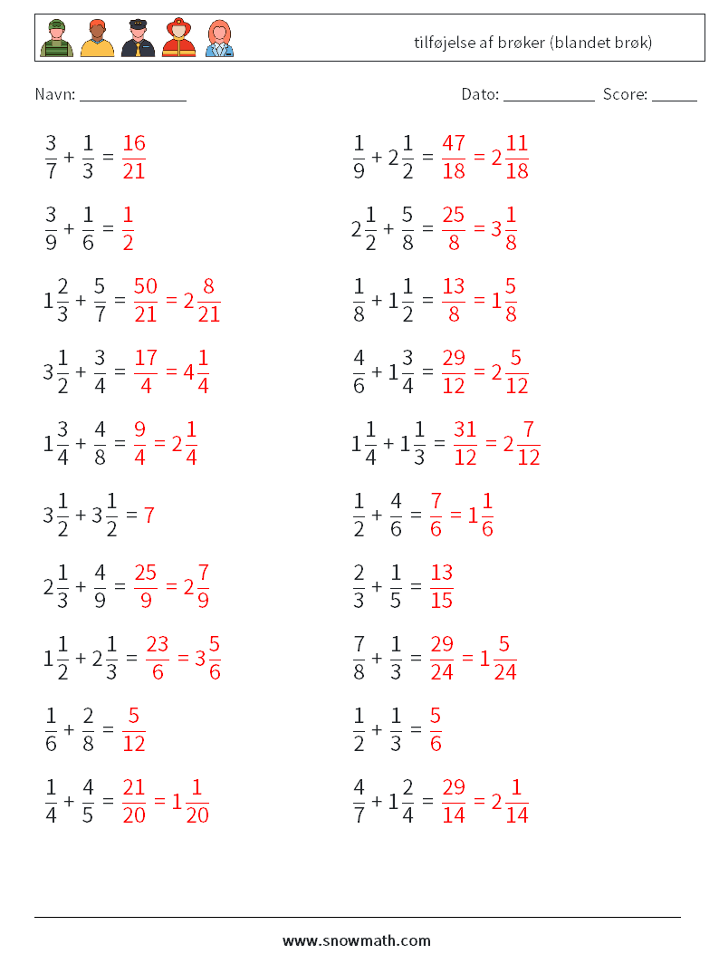 (20) tilføjelse af brøker (blandet brøk) Matematiske regneark 1 Spørgsmål, svar