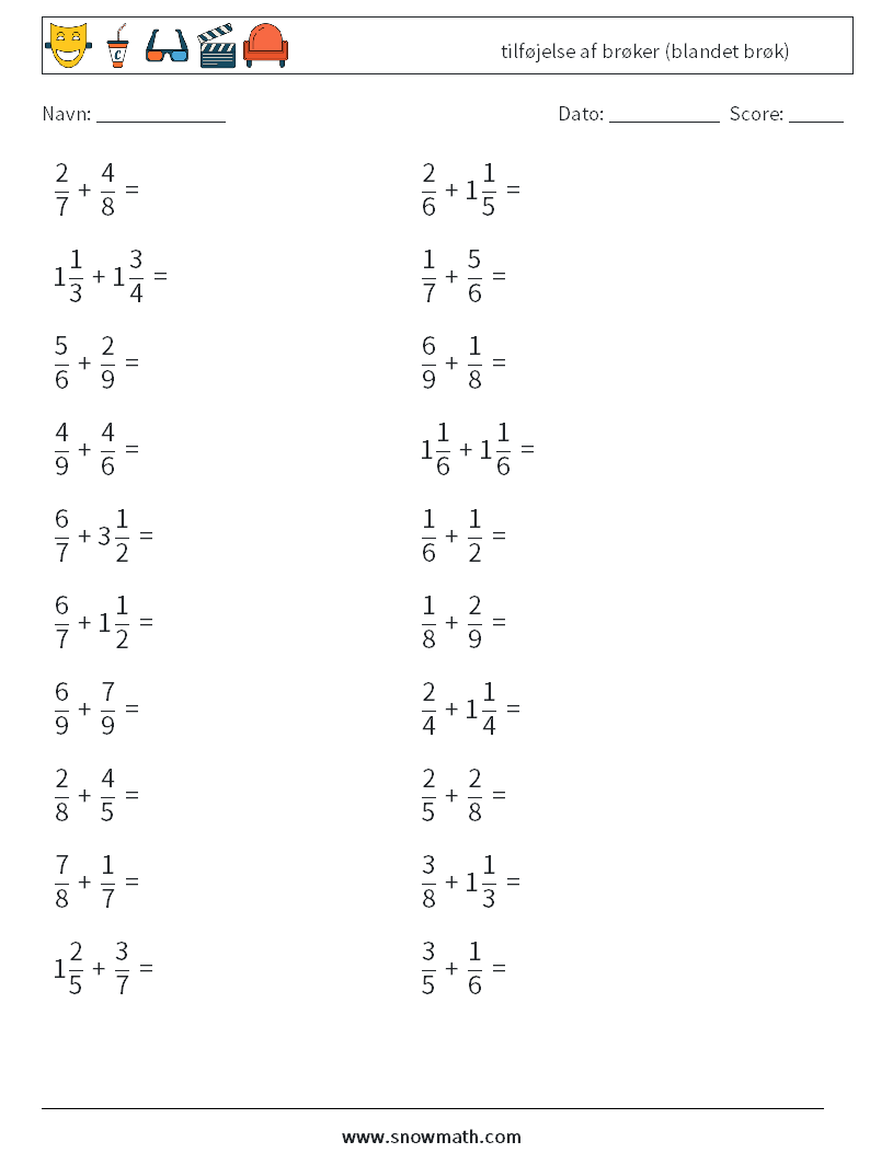 (20) tilføjelse af brøker (blandet brøk) Matematiske regneark 2