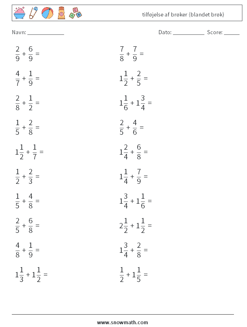 (20) tilføjelse af brøker (blandet brøk) Matematiske regneark 4
