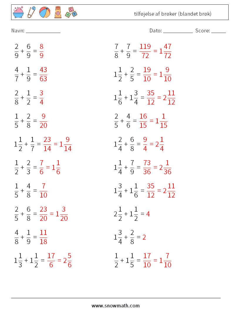 (20) tilføjelse af brøker (blandet brøk) Matematiske regneark 4 Spørgsmål, svar