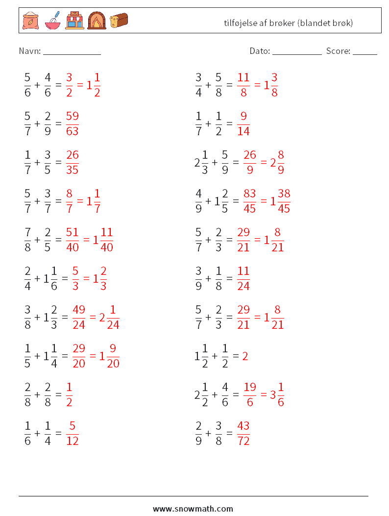 (20) tilføjelse af brøker (blandet brøk) Matematiske regneark 5 Spørgsmål, svar