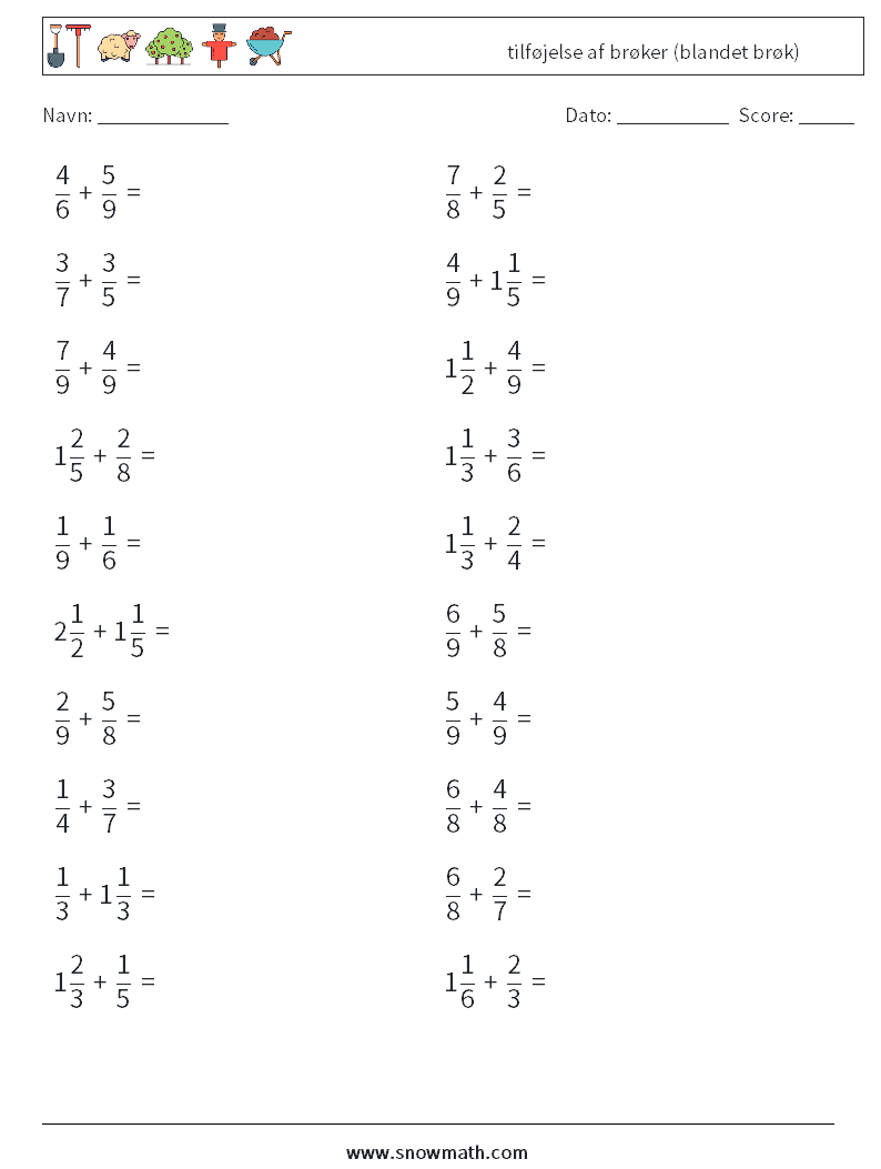 (20) tilføjelse af brøker (blandet brøk) Matematiske regneark 6