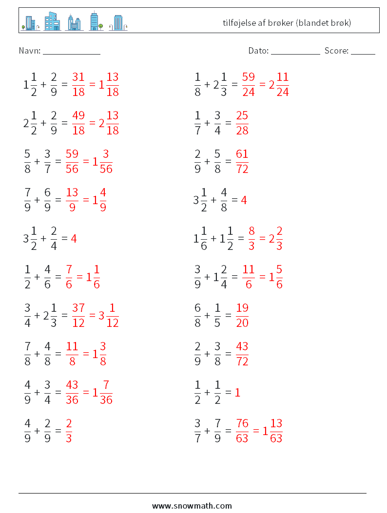 (20) tilføjelse af brøker (blandet brøk) Matematiske regneark 8 Spørgsmål, svar