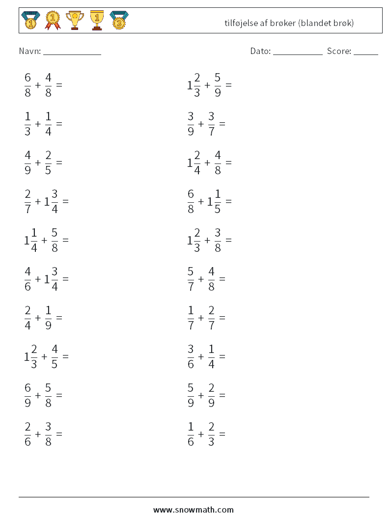 (20) tilføjelse af brøker (blandet brøk) Matematiske regneark 9