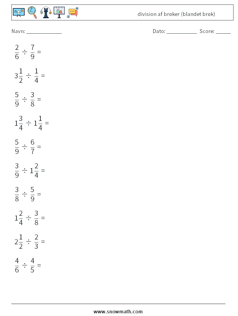 (10) division af brøker (blandet brøk) Matematiske regneark 10