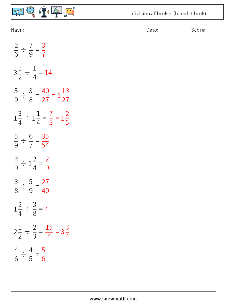 (10) division af brøker (blandet brøk) Matematiske regneark 10 Spørgsmål, svar