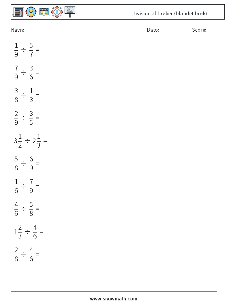 (10) division af brøker (blandet brøk) Matematiske regneark 11