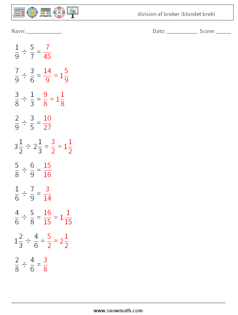 (10) division af brøker (blandet brøk) Matematiske regneark 11 Spørgsmål, svar