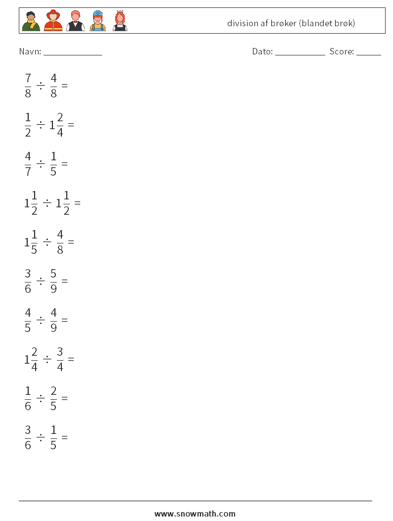 (10) division af brøker (blandet brøk) Matematiske regneark 12