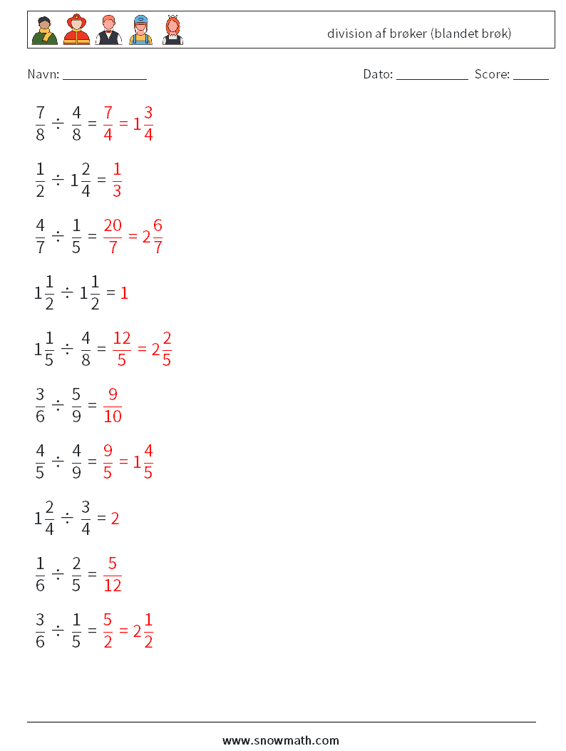(10) division af brøker (blandet brøk) Matematiske regneark 12 Spørgsmål, svar