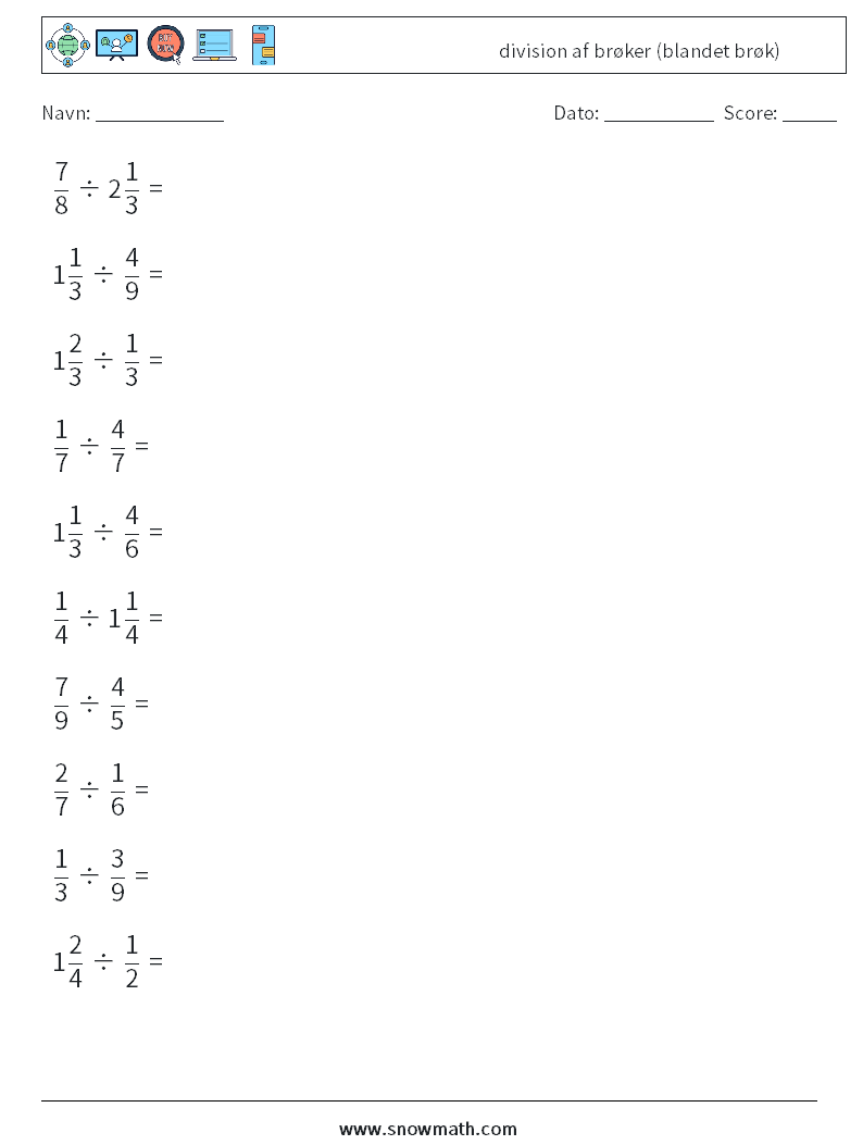 (10) division af brøker (blandet brøk) Matematiske regneark 13