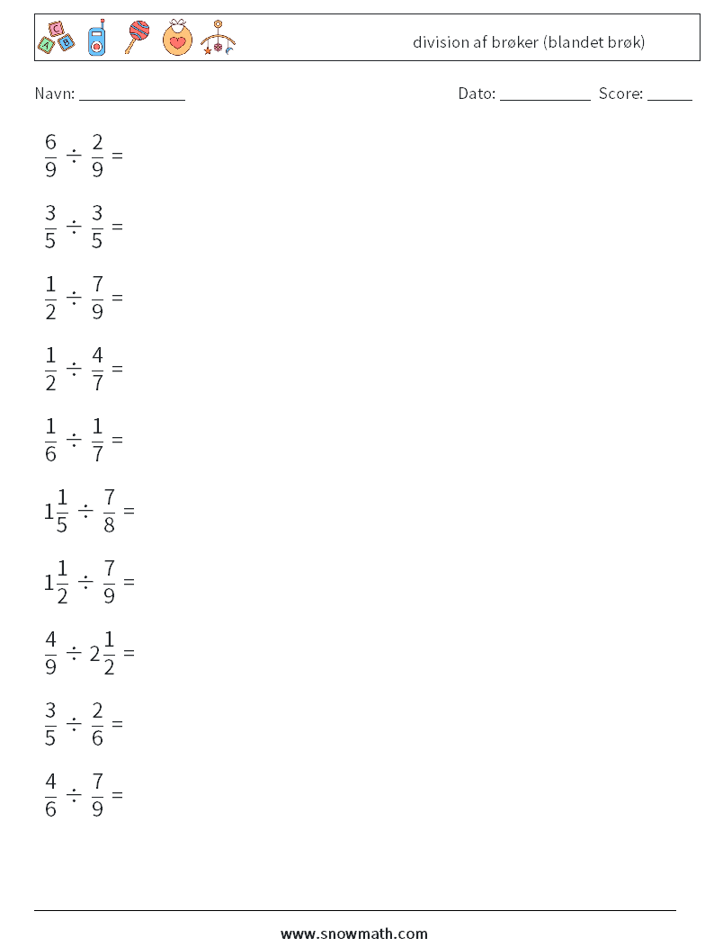 (10) division af brøker (blandet brøk) Matematiske regneark 14