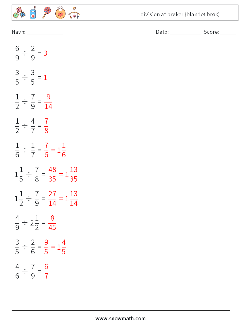 (10) division af brøker (blandet brøk) Matematiske regneark 14 Spørgsmål, svar
