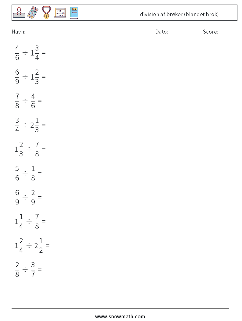 (10) division af brøker (blandet brøk) Matematiske regneark 15