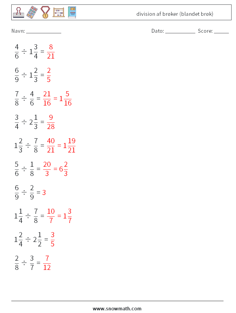 (10) division af brøker (blandet brøk) Matematiske regneark 15 Spørgsmål, svar
