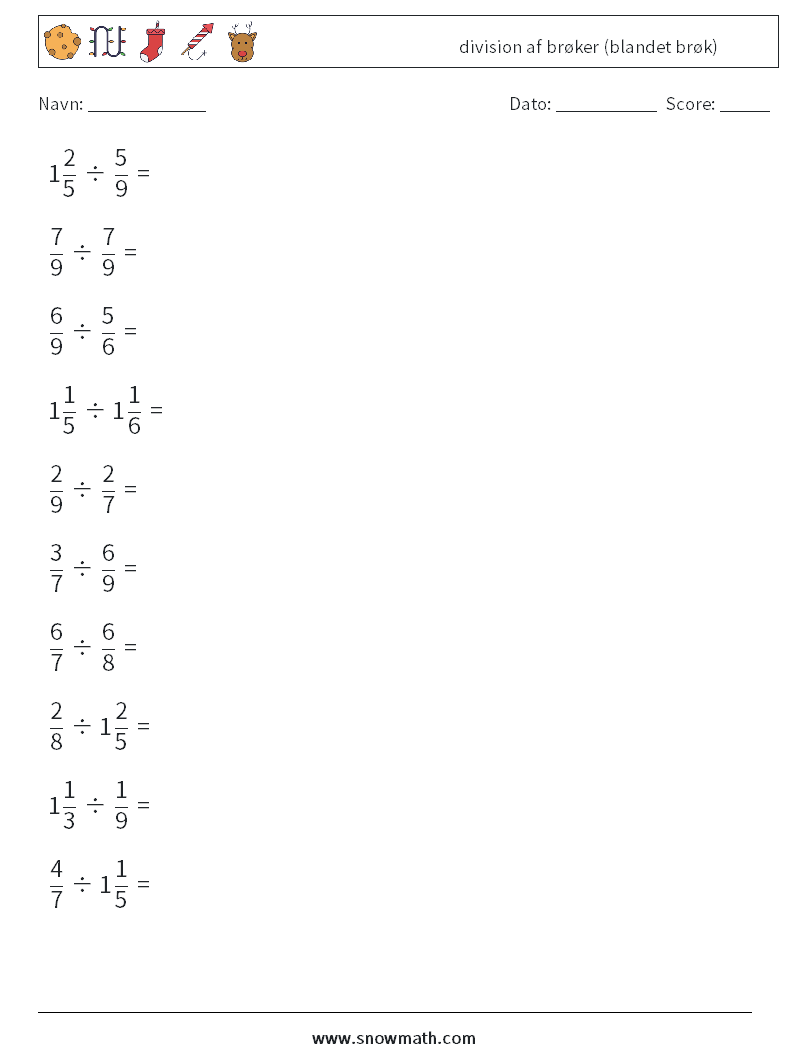 (10) division af brøker (blandet brøk) Matematiske regneark 16