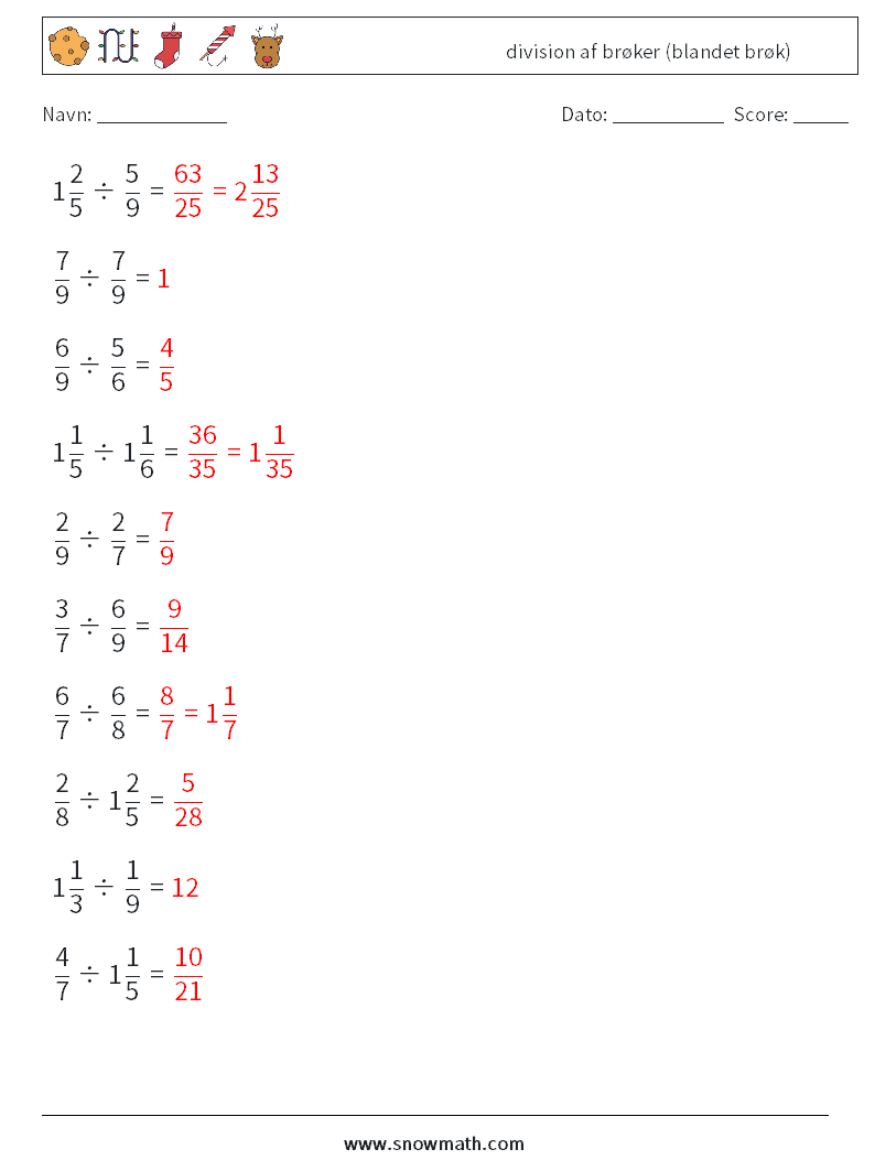 (10) division af brøker (blandet brøk) Matematiske regneark 16 Spørgsmål, svar