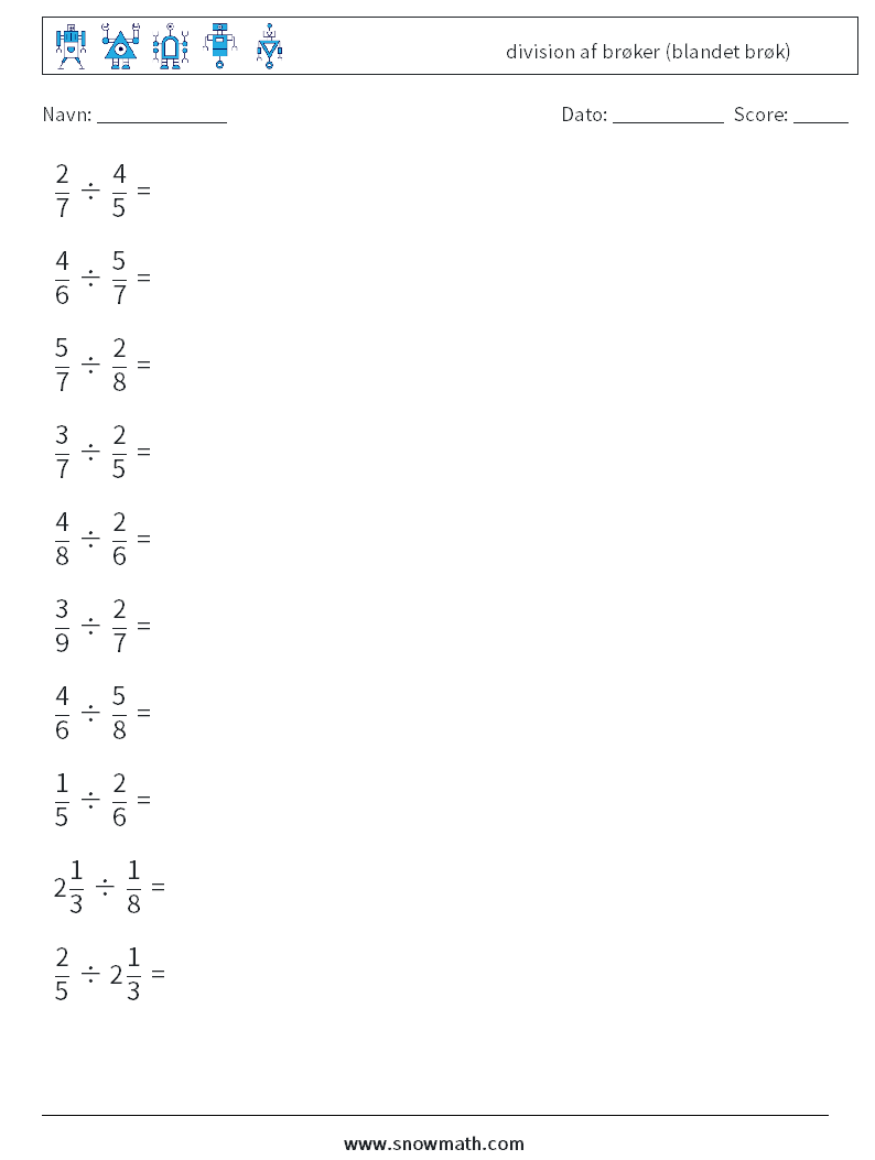 (10) division af brøker (blandet brøk) Matematiske regneark 18