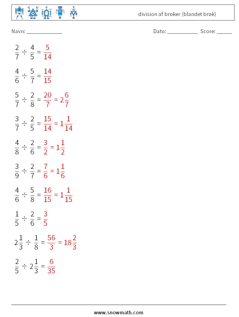 (10) division af brøker (blandet brøk) Matematiske regneark 18 Spørgsmål, svar