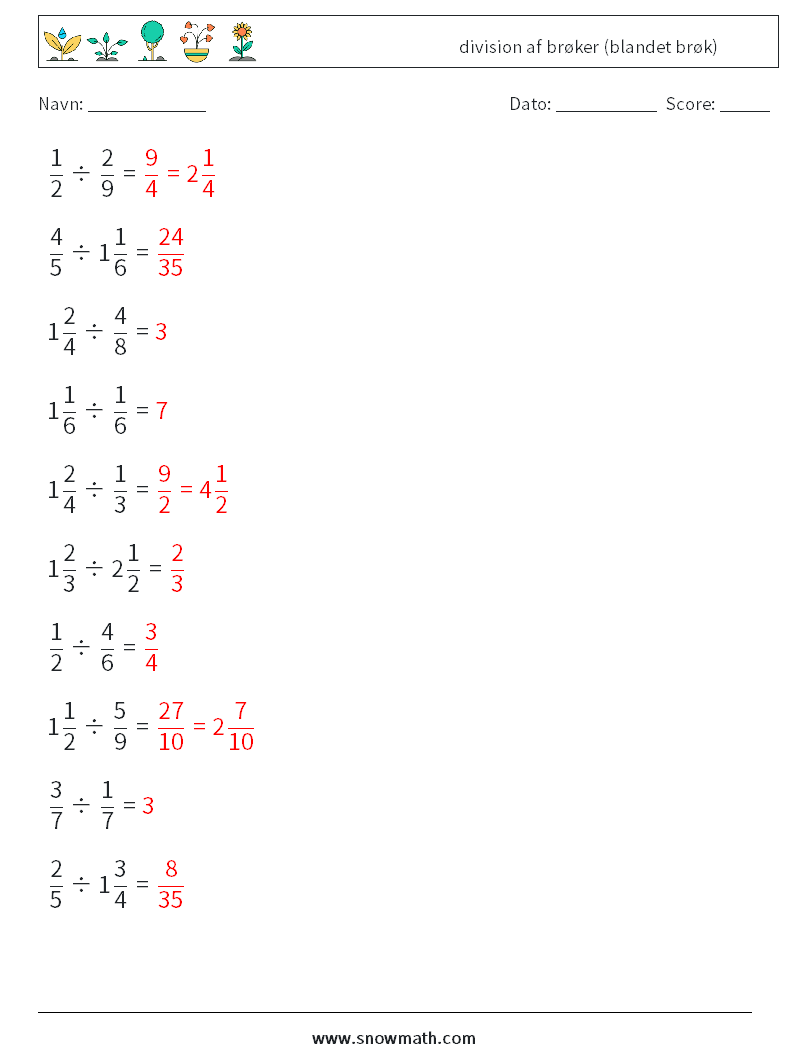(10) division af brøker (blandet brøk) Matematiske regneark 1 Spørgsmål, svar