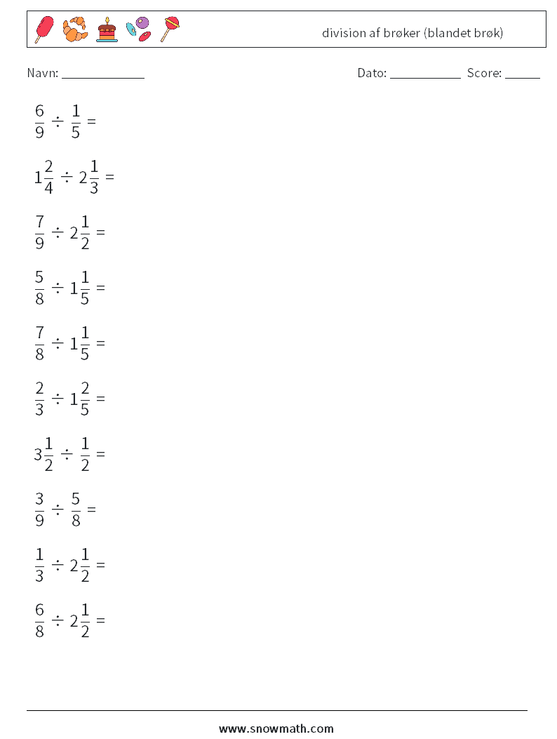 (10) division af brøker (blandet brøk) Matematiske regneark 2