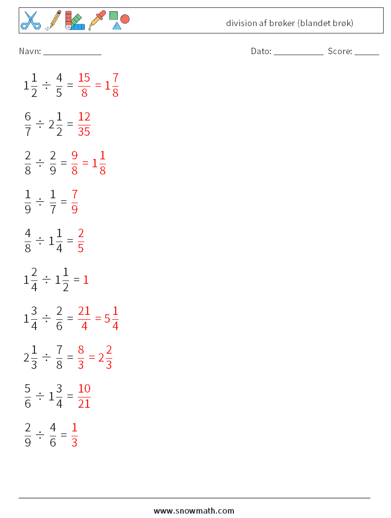 (10) division af brøker (blandet brøk) Matematiske regneark 3 Spørgsmål, svar