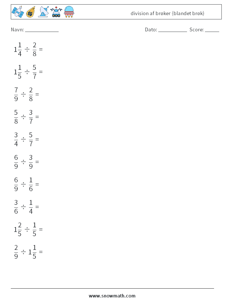 (10) division af brøker (blandet brøk) Matematiske regneark 4
