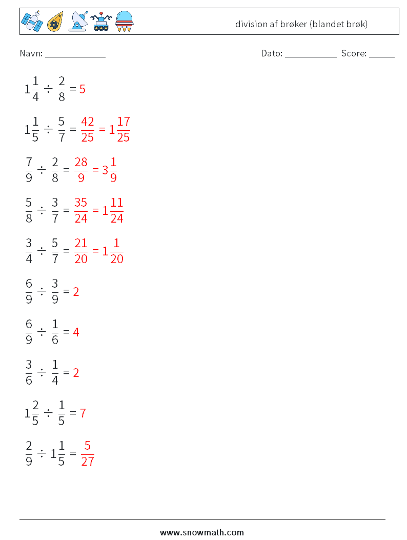 (10) division af brøker (blandet brøk) Matematiske regneark 4 Spørgsmål, svar