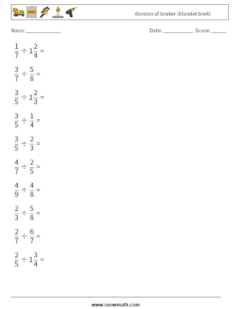 (10) division af brøker (blandet brøk) Matematiske regneark 6