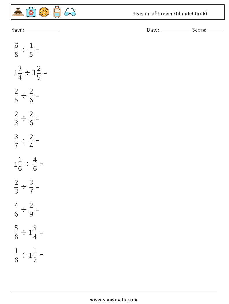 (10) division af brøker (blandet brøk) Matematiske regneark 7