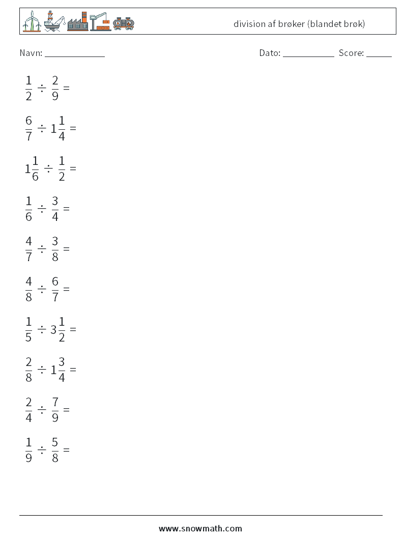 (10) division af brøker (blandet brøk) Matematiske regneark 8