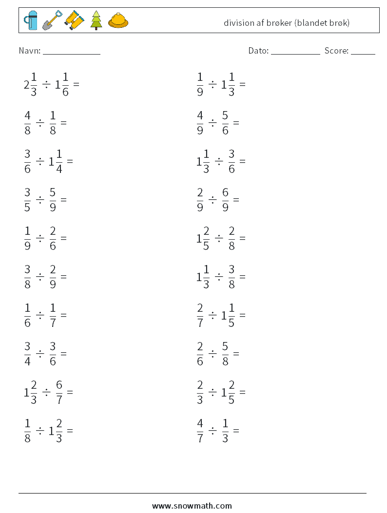 (20) division af brøker (blandet brøk) Matematiske regneark 11