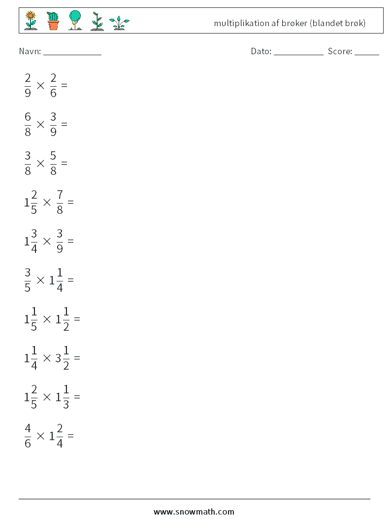 (10) multiplikation af brøker (blandet brøk) Matematiske regneark 10