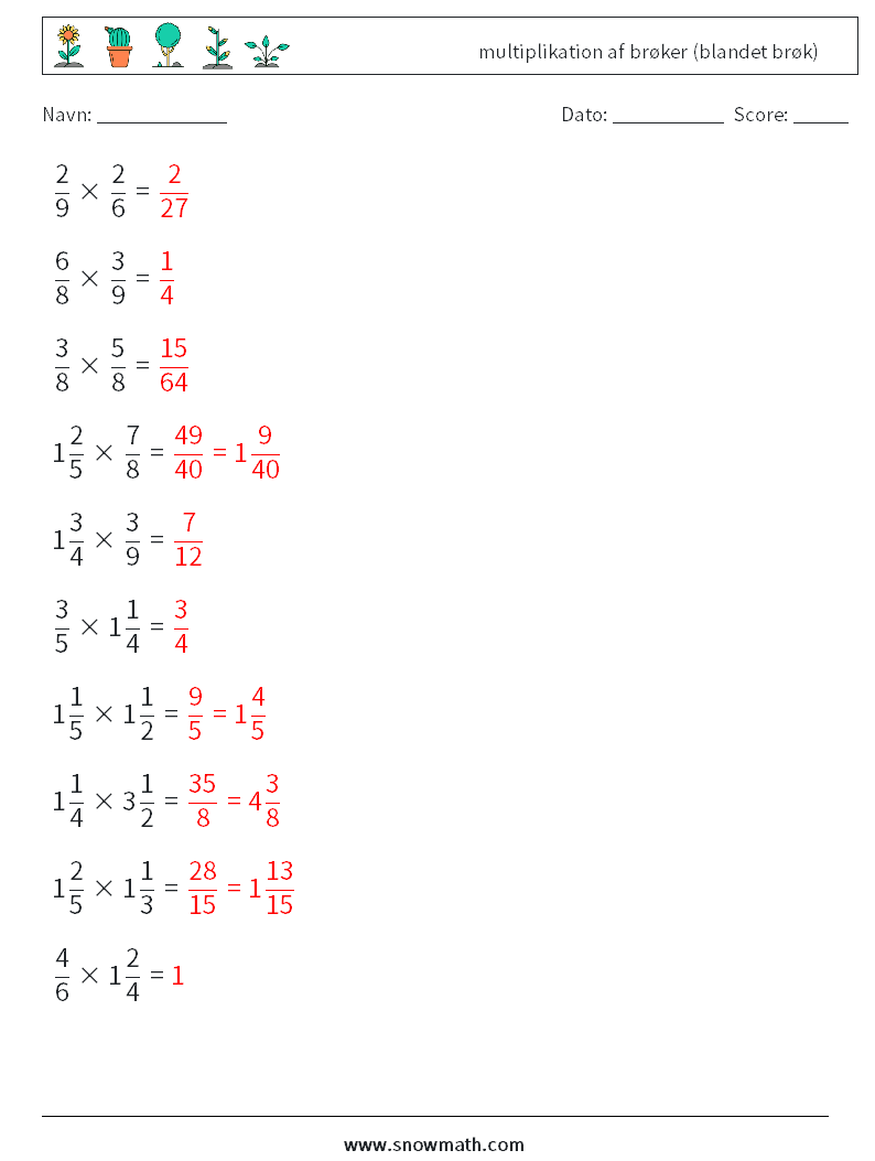 (10) multiplikation af brøker (blandet brøk) Matematiske regneark 10 Spørgsmål, svar