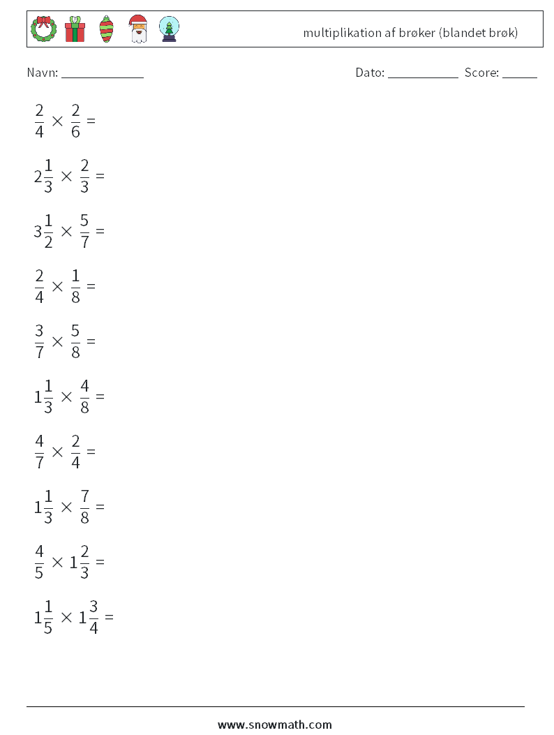 (10) multiplikation af brøker (blandet brøk) Matematiske regneark 11
