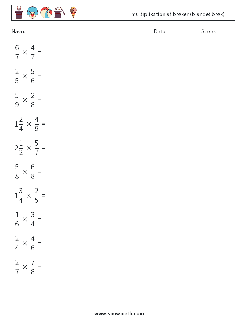 (10) multiplikation af brøker (blandet brøk) Matematiske regneark 12