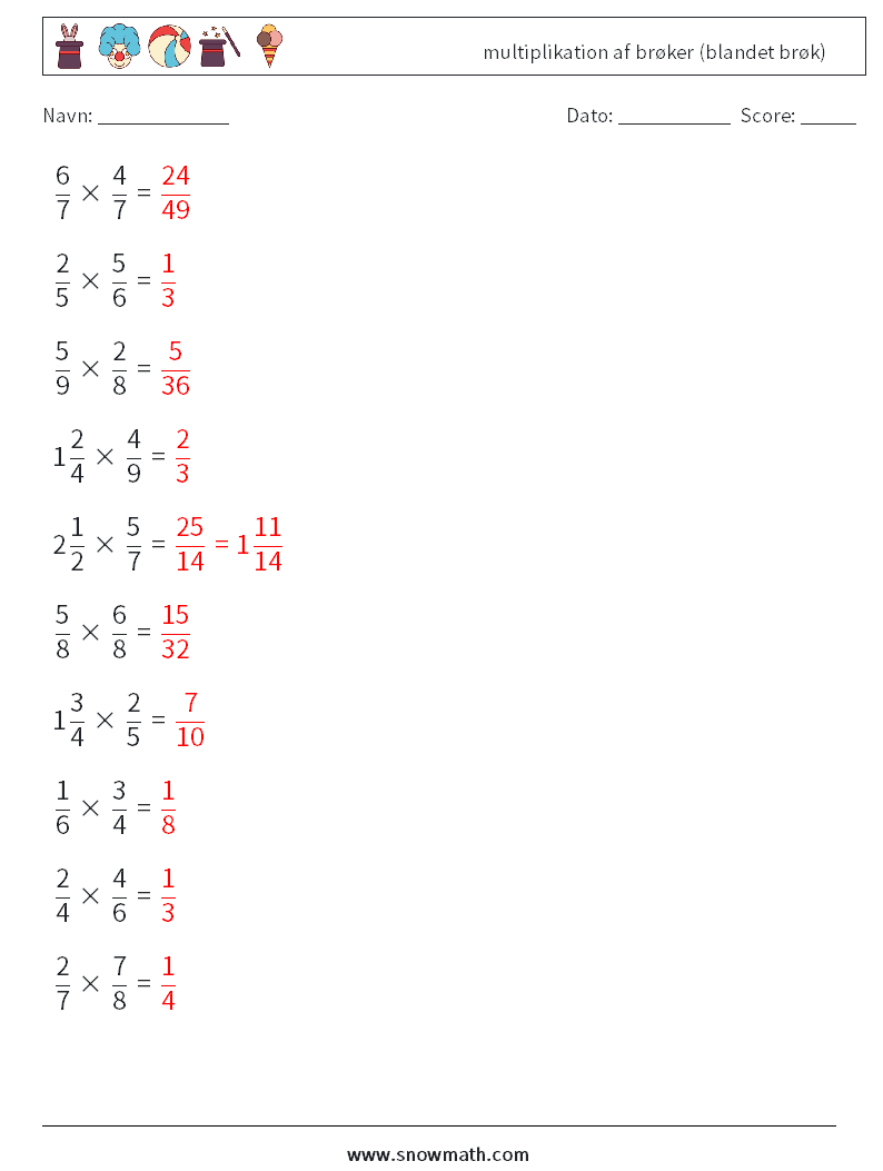 (10) multiplikation af brøker (blandet brøk) Matematiske regneark 12 Spørgsmål, svar