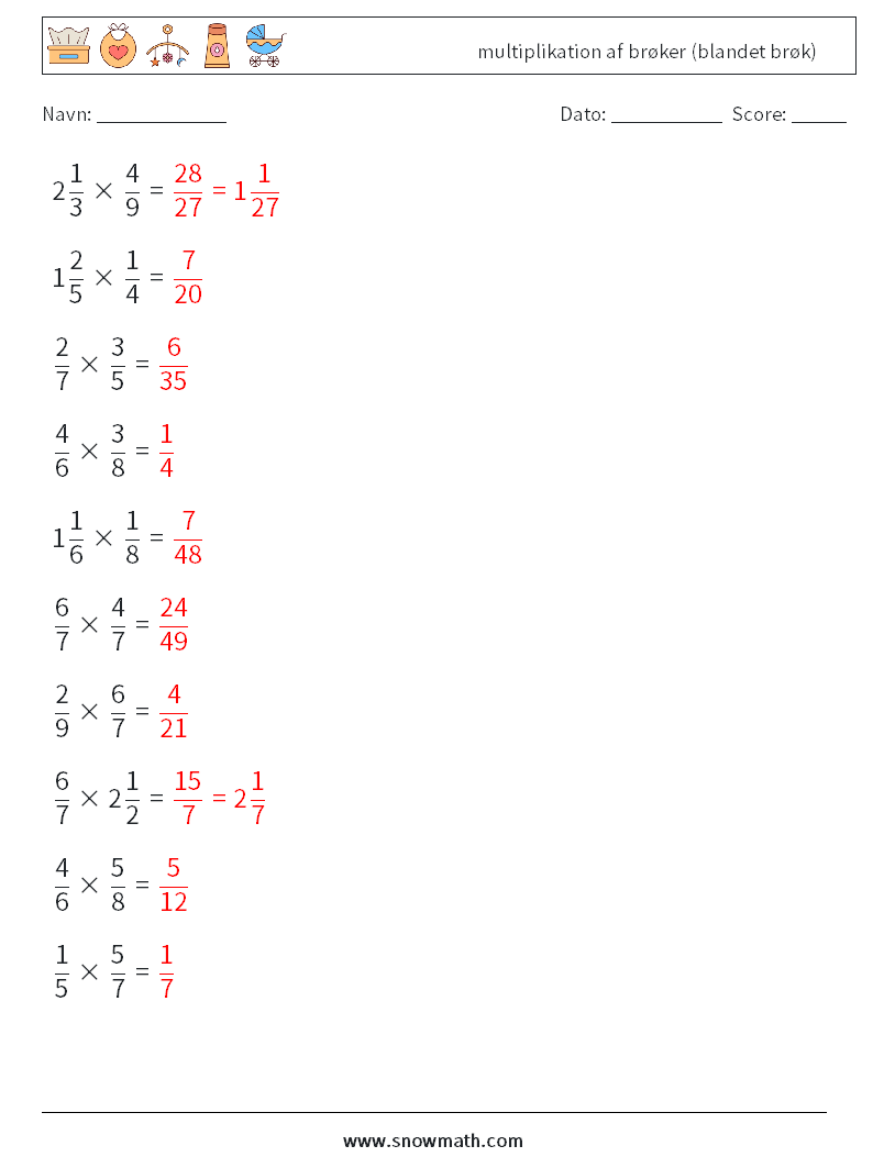 (10) multiplikation af brøker (blandet brøk) Matematiske regneark 13 Spørgsmål, svar