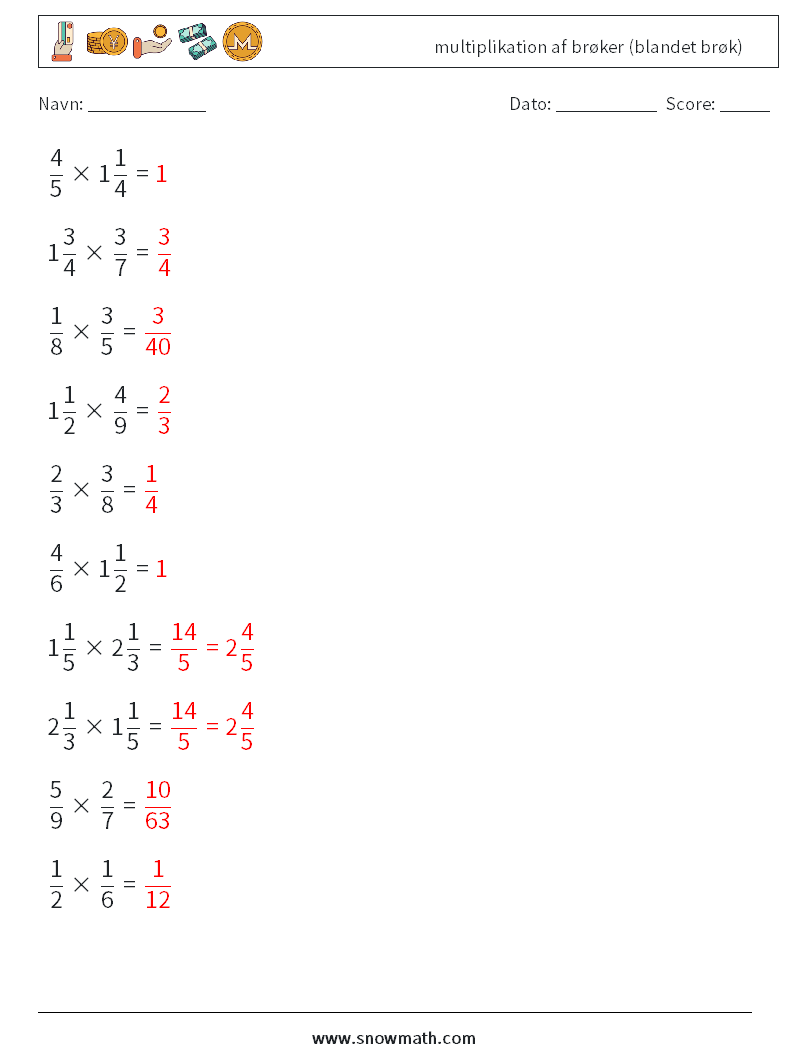 (10) multiplikation af brøker (blandet brøk) Matematiske regneark 14 Spørgsmål, svar