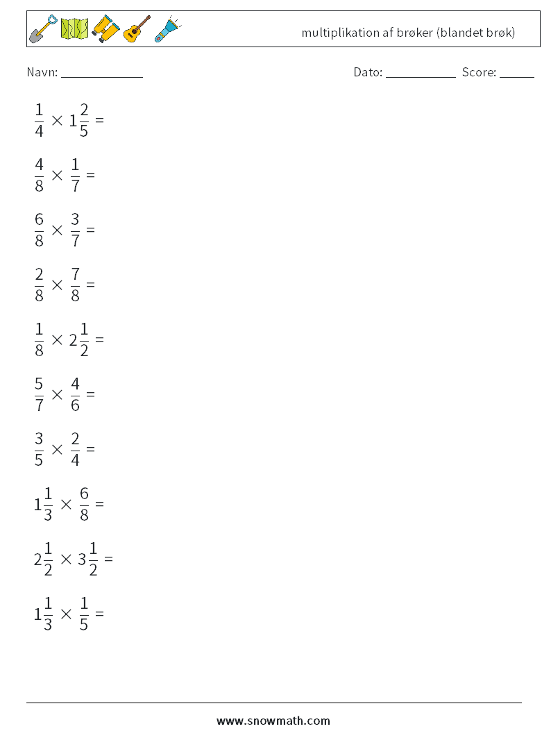 (10) multiplikation af brøker (blandet brøk) Matematiske regneark 15