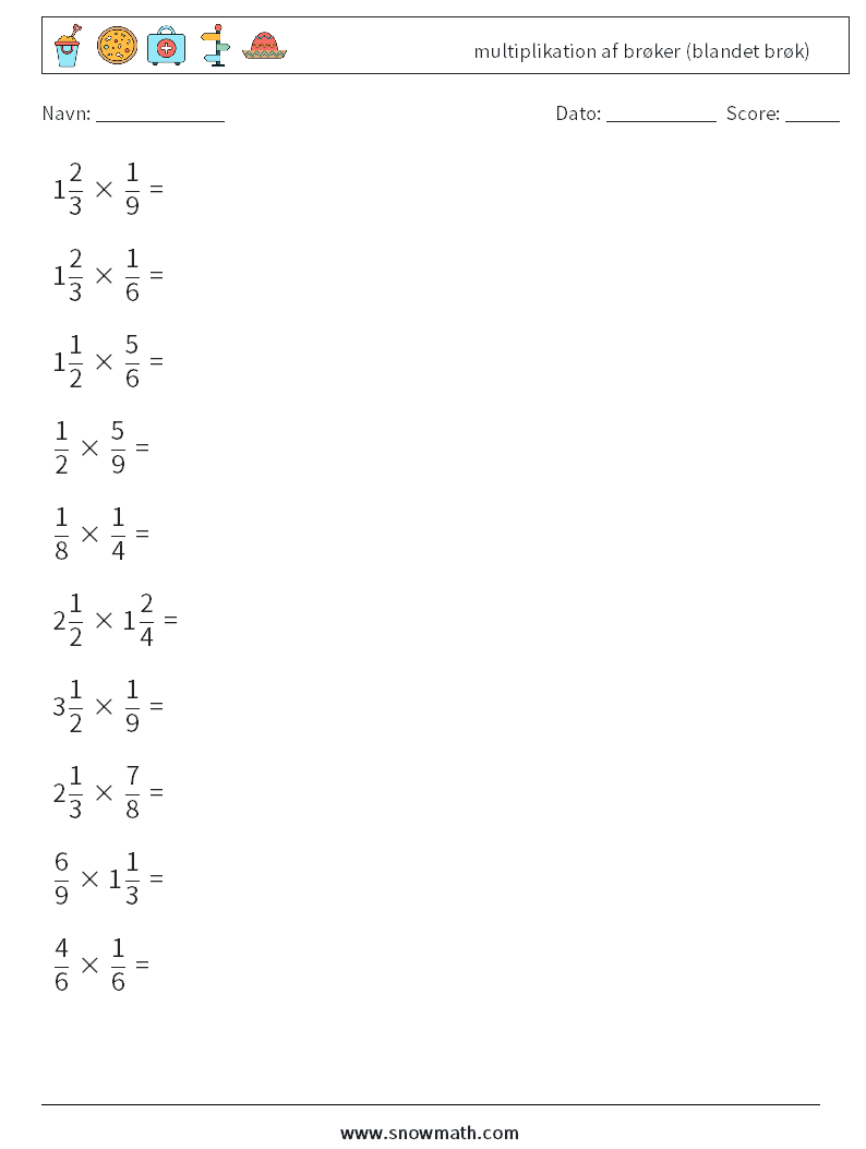 (10) multiplikation af brøker (blandet brøk) Matematiske regneark 16