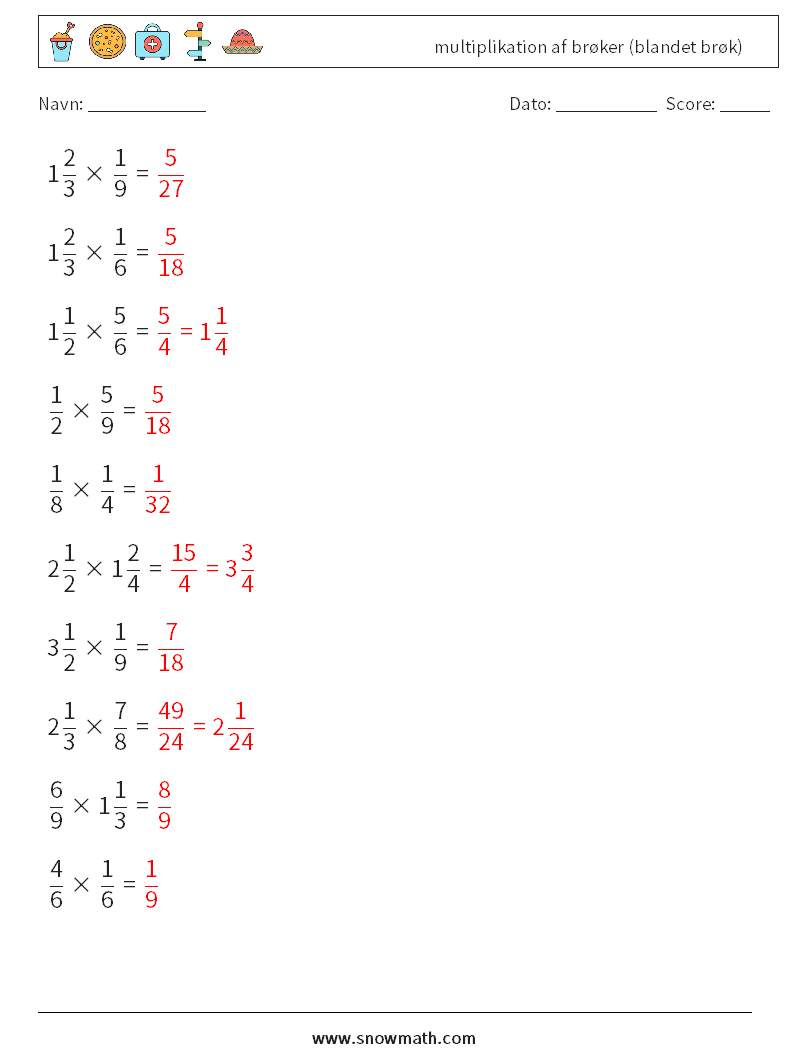 (10) multiplikation af brøker (blandet brøk) Matematiske regneark 16 Spørgsmål, svar