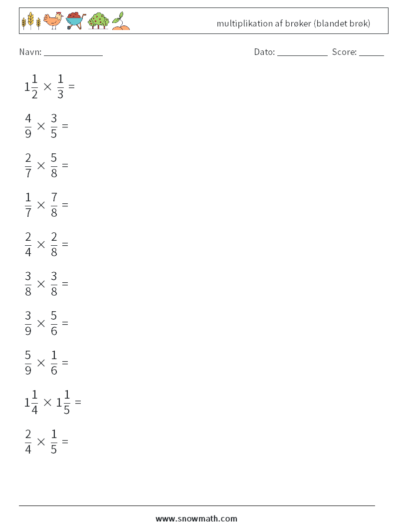 (10) multiplikation af brøker (blandet brøk) Matematiske regneark 17